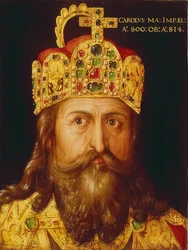 Idealizowany portret cesarza Karola Wielkiego w stroju koronacyjnym z koroną cesarską. Norymberga, 1517