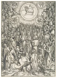 Hymn wybranych / Adoracja Baranka, z cyklu Apokalipsa, pierwsze wydanie łacińskie 1498