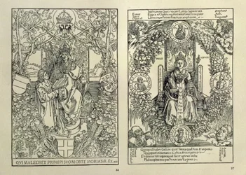 Filozofia i cesarz Habsburgów, z "Quatuor Libri Amorum" Konrada Celtisa z Norymbergi, 1502 r.