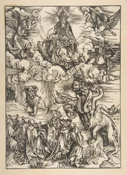 Bestia z dwoma rogami jak baranek, z Apokalipsy, wydanie łacińskie 1511, ca. 1496.