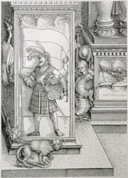 Łuk triumfalny cesarza Maksymiliana I w Niemczech 1459-1519: detal podstawy kolumny portalu z rzeźbioną płaskorzeźbą postaci męskiej niosącej sztandar i herb w koronie, pub. 151718 drzeworyt