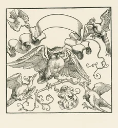 Sowa zaatakowana przez cztery inne ptaki, ok. 1515 r. (drzeworyt)