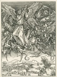 Archanioł Michał walczący ze smokiem. Objawienie Świętego Jana, ok. 1498 (drzeworyt)