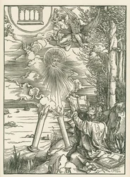 Święty Jan pożerający księgę podarowaną przez anioła. Objawienie Świętego Jana, ok. 1498 (drzeworyt)