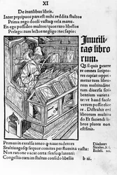 Savant w swoim biurze. Ma okulary. Ksylografia Durera, das narrenschiff Sebastiano Brandta.