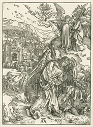 Anioł z kluczem zrzucający smoka do otchłani i inny anioł pokazujący świętemu Janowi Nowe Jeruzalem, ok. 1497-98 (drzeworyt)