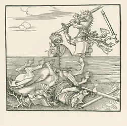 Turniej zagraniczny. Maksymilian podniósł swojego przeciwnika Jacopa de Heri z siodła, ok. 1517-18 (drzeworyt)