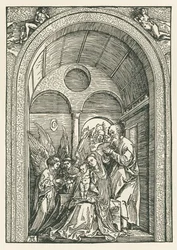 Święta Rodzina z dwoma aniołami w portyku, ok. 1503-04 (drzeworyt)