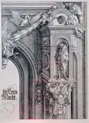 Łuk triumfalny cesarza Maksymiliana I (1459-1519): detal łuku centralnego (Brama Honoru i Władzy) przedstawiający foliowaną i ożywioną głowicę kolumny podtrzymującą rycerza stojącego w architektonicznej niszy, postać trzymająca jeden bok wiszącego cartou