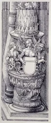 Łuk triumfalny cesarza Maksymiliana I Niemiec (1459-1519): fragment centralnej Bramy Honoru i Władzy, podstawa lewej kolumny ozdobiona pasami liści i skrzydlatych żeńskich gryfów, dat. 1515, wyd. 1517/18 (drzewryt)