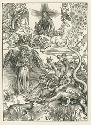 Niewiasta obleczona w słońce i siedmiogłowy smok. Objawienie Świętego Jana, ok. 1497 (drzeworyt)
