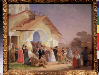 Wyjście z kościoła w Pskowie (Rosja). Obraz Aleksandra Iwanowicza Morozowa (1835-1904), olej na płótnie
