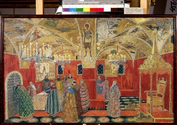 Na Kremlu. Rysunek przygotowawczy do opery Borys Godunow Modesty Musorgskiego (1839-1881) (Na Kremlu. Scenografia do opery Borys Godunow M. Musorgskiego). Dzieło Aleksandra Jakowlewicza Gołowina (Aleksander Gołowin) (1863-1930), akwarela i