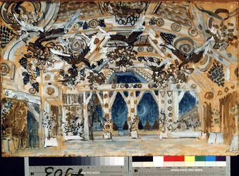 Decor pour la piece de theatre La Dame de la mer de Henrik (Henri) Johan Ibsen (1828-1906) (Scenografia do spektaklu The Lady from the Sea H. Ibsena). Oeuvre de Alexander Yakovlevich Golovin (Alexandre Golovine) (1863-1930), pastel sur karton