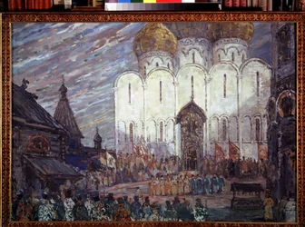 Dekoracja przygotowawcza do opery „Borys Godunow” Modeste Musorgskiego (1839-1881) (Scenografia do opery Borys Godunow, M.Moussorgsky). Praca Aleksandra Jakowlewicza Gołowina (Aleksander Gołowin) (1863-1930), gwasz na tekturze