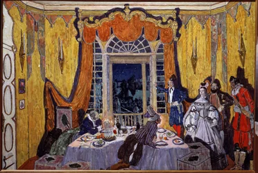 Dekoracja przygotowawcza do opery „Le guest de pierre” Aleksandra Dargomyjskiego (1813-1869) (projekt scenografii do opery Kamienny gość, A. Dargomyzhsky). Obraz Aleksandra Jakowlewicza Gołowina (Aleksander Gołowin) (1863-1930), olej na drewnie