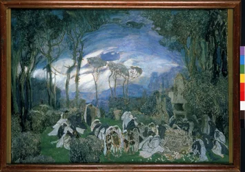 Dekoracja przygotowawcza do opery Orfeusz i Eurydyka autorstwa Christopha Willibalda Glucka (1714-1787) (projekt scenografii do opery Orfeusz i Eurydyka Ch. Glucka). Dzieło Aleksandra Jakowlewicza Golovina (Alexandre Golovine) (1863-1930), gwasz i pastel n