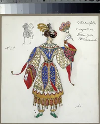 Projekt kostiumów do sztuki le bal masque Michaiła Lermontowa (1814-1841) (projekt kostiumów do sztuki Maskarada M.Lermontowa). Praca Aleksandra Jakowlewicza Gołowina (Aleksander Gołowin) (1863-1930), akwarela, gwasz, tusz i ołówek na papierze