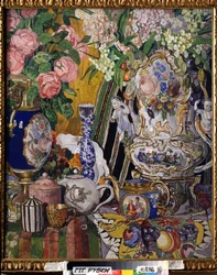 „Martwa natura z kwiatami i porcelaną” Obraz Aleksandra Jakowlewicza Gołowina (Aleksander Gołowin) (1863-1930) 1915 Państwowa Galeria Trietiakowska, Moskwa