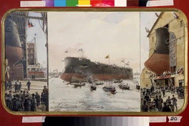 Premiera krążownika liniowego Pamiat Azova. Obraz Aleksandra Karlowicza Beggrova (1841-1914). Akwarela i tusz na papierze, 33 x 60 cm