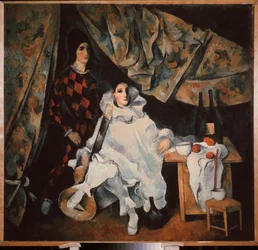 Żonglujący bracia Cyrano. (w kostiumie Pierrota i Arlekina). Malarstwo Aleksandra Wasiljewicza Szewczenki (Aleksander Szewczenko) (1883-1948), olej na płótnie