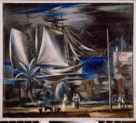 Port morski nocą (Wielki żaglowiec zakotwiczony na Morzu Czarnym) - Obraz Aleksandra Wasiljewicza Szewczenki (Alexandre Chevtchenko) (1883-1948)
