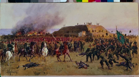 Zdobycie twierdzy Gorni Dubnik (Gorni-Dubnik) 24 października 1877 r. Wojna rosyjsko-turecka: scena bitwy między Kozakami armii rosyjskiej a żołnierzami Imperium Osmańskiego, epizod wojskowy o kontrolę nad przejściem Shipka (Bułgaria).