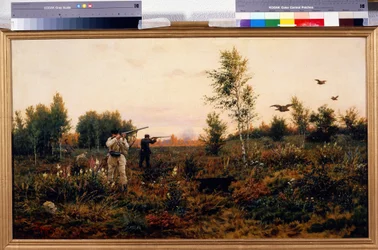 Polowanie na cietrzewie. Scena myśliwska. Obraz Aleksieja Daniłowicza Kiwshenki (1851-1895)