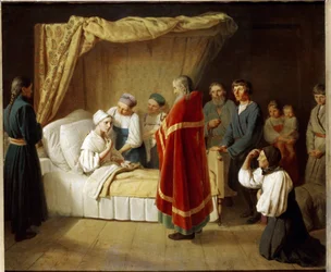 Eucharystia umierającym. Do chorej kobiety podchodzi ksiądz prawosławny, aby w otoczeniu członków swojej rodziny udzielić jej sakramentu liturgicznego. Obraz Aleksieja (Alexis) Gavrilovich Venetsianov (