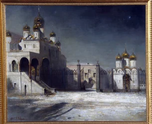 Plac Katedralny na Kremlu w nocy. (Plac Katedralny na Kremlu w nocy). Obraz Aleksieja Kondratyevicha Savrasova (Savrasov) (1830-1897), olej na płótnie