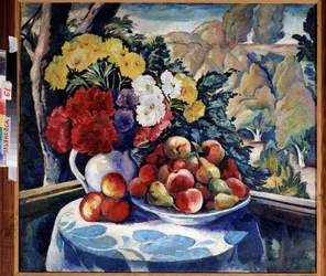 Martwa natura na werandzie. (Martwa natura na werandzie). Obraz Aleksieja Iljicza Krawczenki (1889-1940), olej na płótnie 1916. Sztuka rosyjska, początek XX wieku. Regionalne Muzeum Sztuki, Simbirsk (lub Ulianovsk) (Rosja).