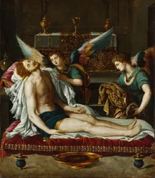 Le Corps du Christ oint par deux anges - Ciało Chrystusa namaszczone przez dwa anioły - Allori, Alessandro (1535-1607) - ok. 1593 - Olej na miedzi - 45x39 - Muzeum Szepmuveszeti, Budapeszt