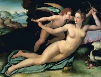 Wenus i Amor Allori, Alessandro (1535-1607). Olej na drewnie, Wymiar: 29x38. Galeria Uffizi, Florencja