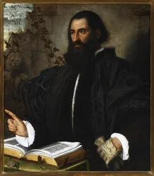 Portrait de Pietro Andrea Mattioli (Pierandrea Matthioli, Matthiole, Matthiolus (1501-1578), medecin et botaniste italien) .Peinture de Alessandro Bonvicino dit il Moretto (1498-1554), huile sur toile, 84x75 cm Genua, Muzea Strada Nuova © Luisa ricciarin