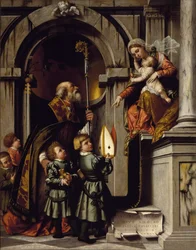 Św. Mikołaj z Miry lub Bari (270-345) przedstawia uczennice Galeazzo Rovelli Matce Boskiej z Dzieciątkiem Jezus na tronie Obraz Alessandro Bonvicino Dit il Moretto (1498-1554) XVI w. Niedz. 245x192 cm Brescia, Pinakoteka Tosio Martinengo