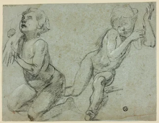 Szkice dwóch puttów, z których jeden trzyma rękę martwego Chrystusa (recto); tors i nogi klęczącej postaci (verso)