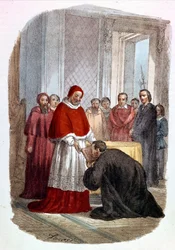Klemens VII (1478 - 1534, Jules de Medicis) przyjmuje dedykację "Istorie Fiorentine" Niccolo di Bernardo dei Machiavelli (Nicolas Machiavel