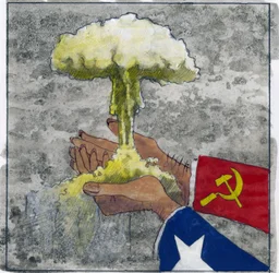 Allegoryczne przedstawienie zimnej wojny jako amerykańskich i radzieckich rąk trzymających chmurę atomową, ilustracja Alessandra Lonatiego