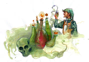 Alchemik w swoim laboratorium otoczony fiolkami i aparatami destylacyjnymi badający zawartość fiolki (alchemik w swoim laboratorium otoczony fiolkami i aparatami destylacyjnymi)