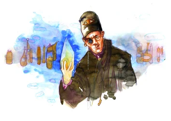 Alchemik w swoim laboratorium otoczony fiolkami i alembikami z kamieniem filozoficznym (alchemik w swoim laboratorium otoczony fiolkami i alembikami z kamieniem filozoficznym)