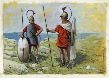 Starożytna Grecja: najemnik tureoforów (Thureophoros lub Thureophoroi) (III-I wiek pne) (po prawej) i Thorakites (Thorakitai) (po lewej). Rysunek autorstwa Alessandro Lonatiego