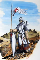 Krucjaty: rycerz Zakonu Templariuszy ubrany w biały płaszcz z Czerwonym Krzyżem. Ilustracja autorstwa Alessandro Lonatiego