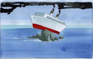 Ekologia: Łuk Noego jako zanieczyszczający statek wycieczkowy utknął na rafie Ilustracja: Alessandro Lonati