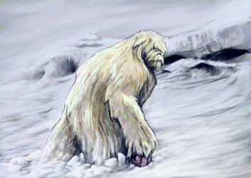Fantastyczne potwory i stworzenia, kryptozoologia: przedstawienie yeti lub „obrzydliwego bałwana”, antropomorficzne stworzenie z folkloru regionu Himalajów (Yeti lub Abominable Snowman to podobna do małpy kryptyda, która podobno zamieszkuje himalajski regi