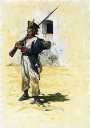 Pierwsze Cesarstwo (1804-1804 i 1815): żołnierz piechoty i strzelec francuskiej brygady piechoty wielkiej armii napoleońskiej w forcie. Rysunek autorstwa Alessandro Lonatiego.