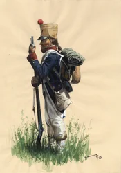 Pierwsze Cesarstwo (1804-1814 i 1815): francuski żołnierz piechoty wielkiej armii napoleońskiej w stroju wiejskim