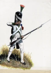 Pierwsze Cesarstwo (1804-1814 i 1815): Welitowski żołnierz wielkiej armii napoleońskiej we Włoszech otwierający nabój. Rysunek autorstwa Alessandro Lonatiego