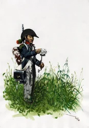 Pierwsze Cesarstwo (1804-1814 i 1815): żołnierz piechoty myśliwy wielkiej francuskiej armii napoleońskiej. Rysunek autorstwa Alessandro Lonatiego