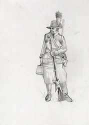 Pierwsze Cesarstwo (1804-1814 i 1815): żołnierz armii austro-węgierskiej (austro-węgierskiej), pionier sapeur (lub pionier). Rysunek autorstwa Alessandro Lonatiego