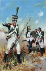 Pierwsze Cesarstwo (1804-1814 i 1815): żołnierze wielkiej armii napoleońskiej we Włoszech, aby pomóc rannemu towarzyszowi. Rysunek autorstwa Alessandro Lonatiego